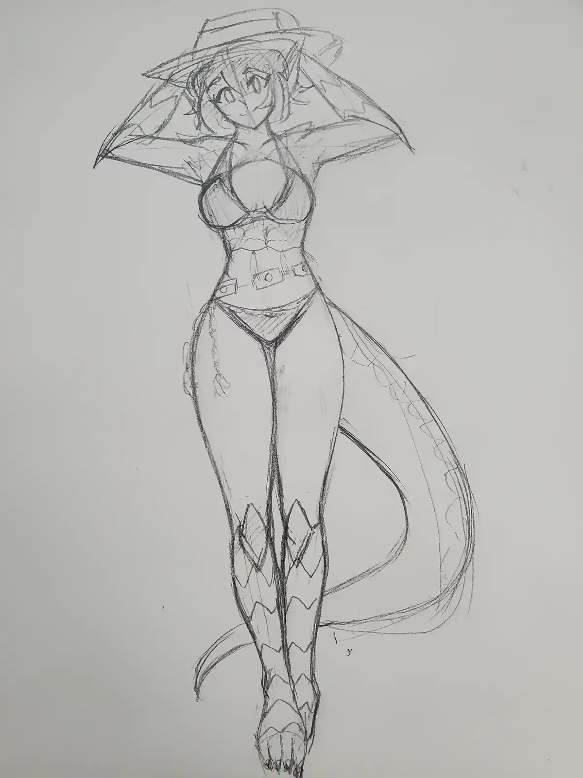 A pencil sketch of an anime-style female character with dragon-like features, including a long tail, clawed feet, and scaled…