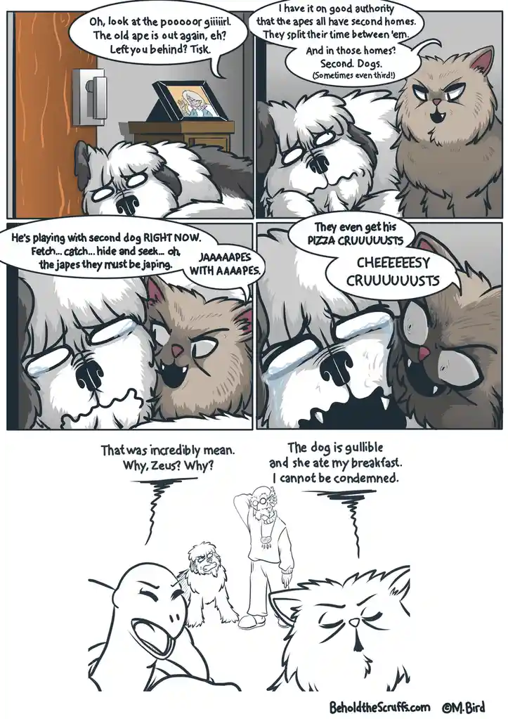 A four-panel comic strip featuring an anthropomorphic cat and dog arguing about a dog owner's 'second homes' being other…