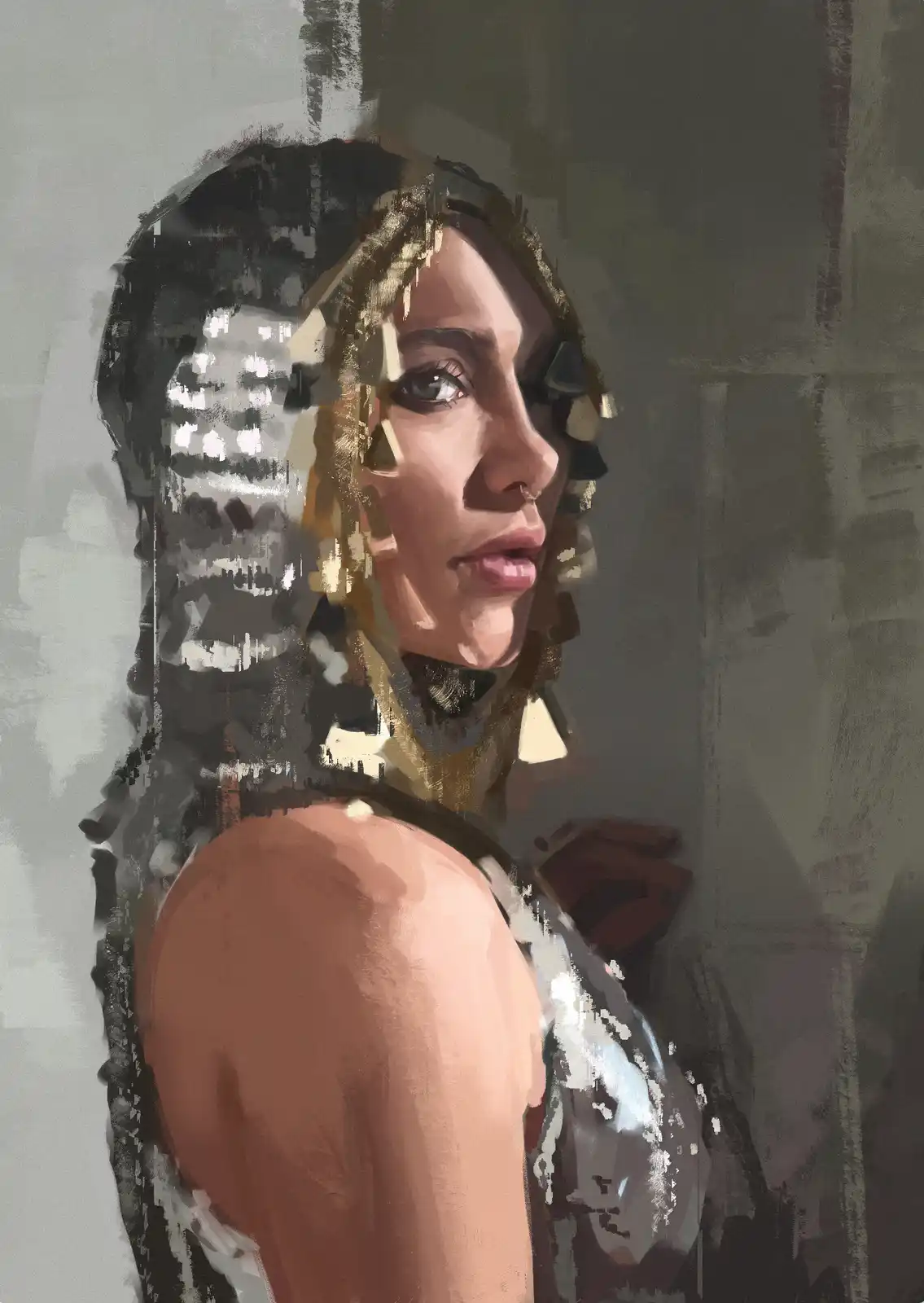A digital painting of a woman in profile, her face partially obscured by glitchy, pixelated distortion that reveals a…
