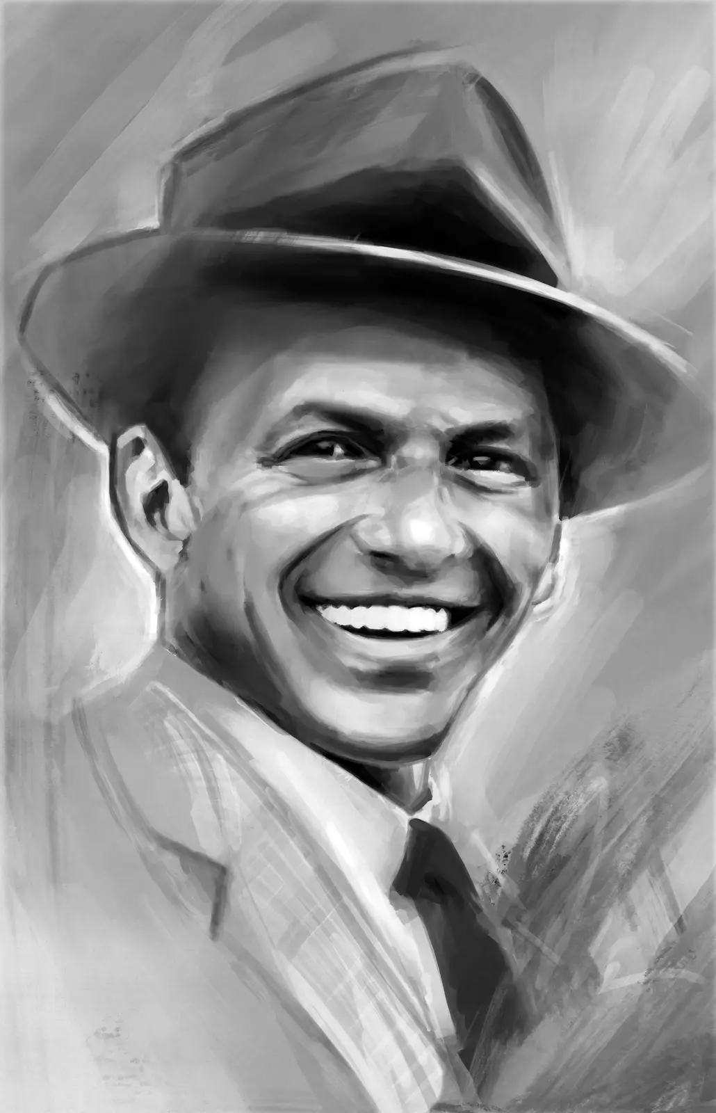 A black-and-white painted portrait of a smiling Black man wearing a fedora and suit, overlaid with the text 'i'm not a…