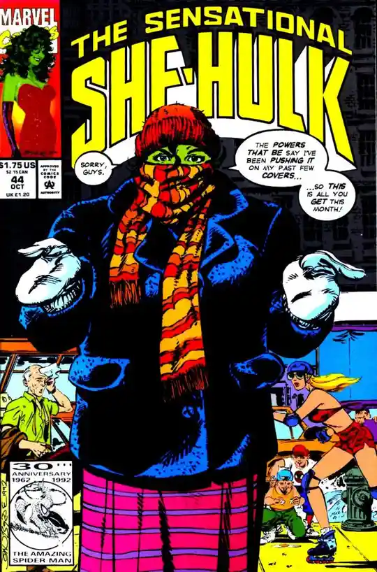 A comic book cover of 'The Sensational She-Hulk' #44 from October 1992, where the character is dressed in a winter coat, red…