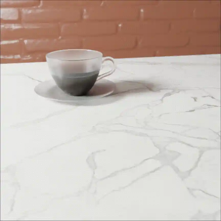 A six-panel grid shows a cup of dark liquid on a saucer on a white marble countertop against a brick wall. In the top three…