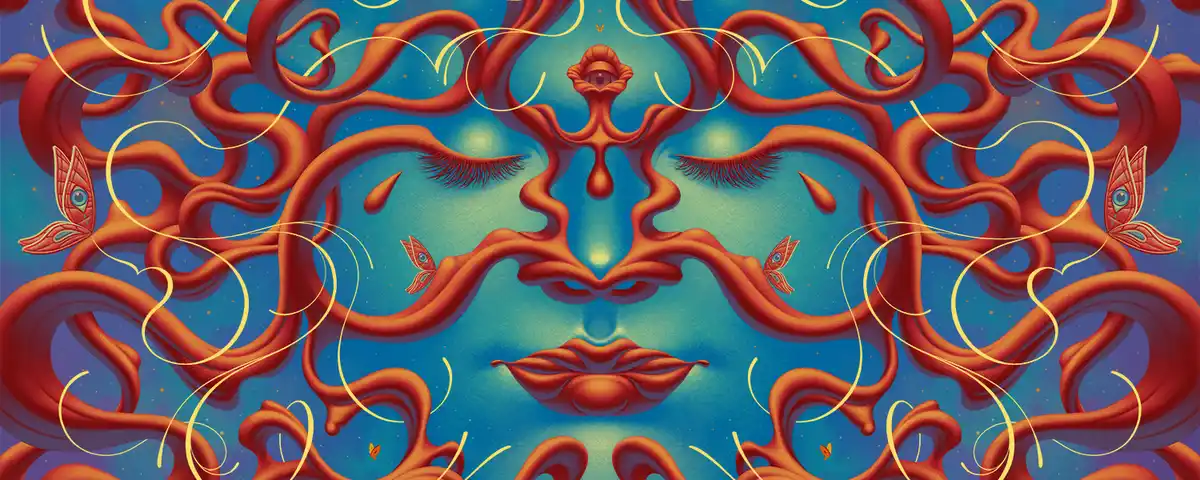A surreal, psychedelic artwork depicts a symmetrical, stylized face with closed eyes, red lips, and flowing red tendrils…