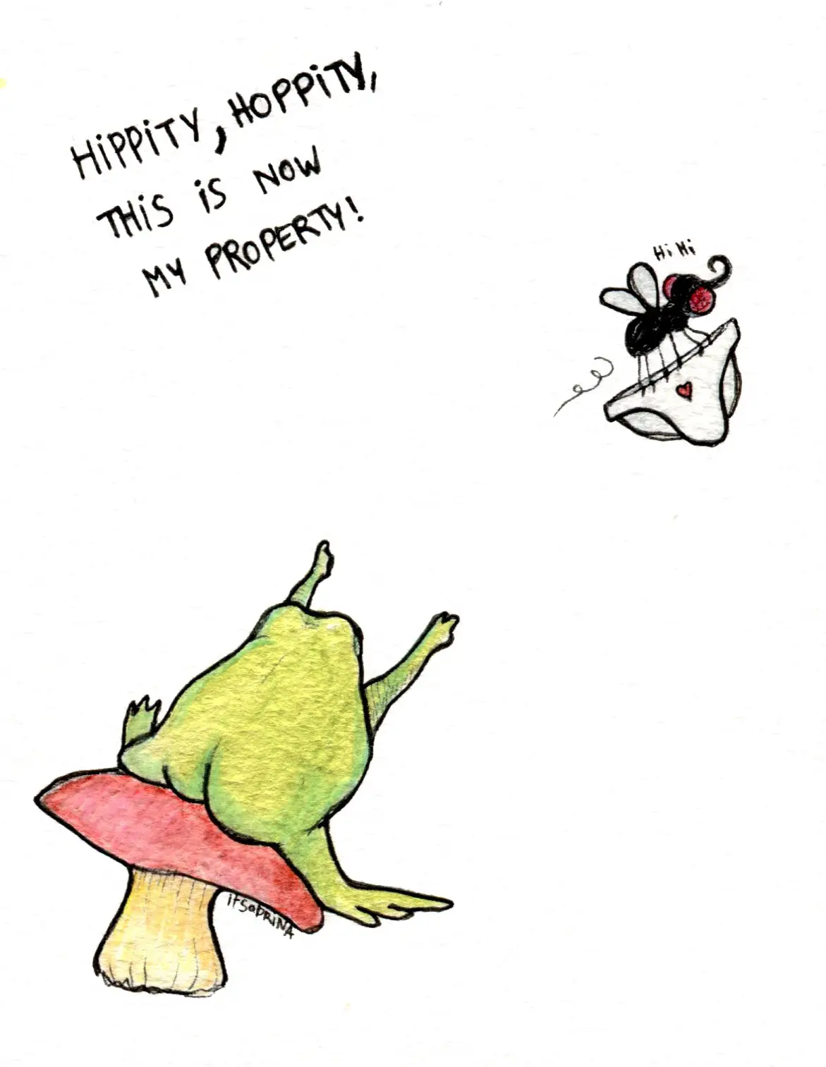 A cartoon frog sits on a red-capped mushroom, arms raised triumphantly as it declares ownership. Above it, a fly perches on…