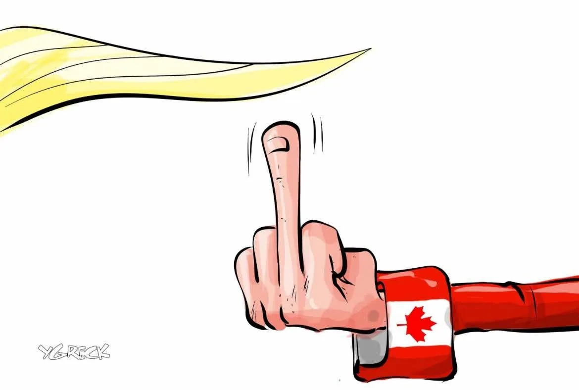 A cartoon hand wearing a red sleeve with a Canadian flag patch is making a rude gesture with its middle finger, while a…