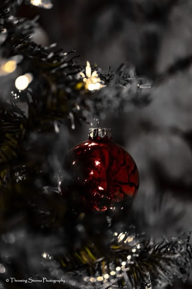 A close-up photo of a shiny red Christmas ornament hanging on a dark, monochrome Christmas tree with blurred lights in the…