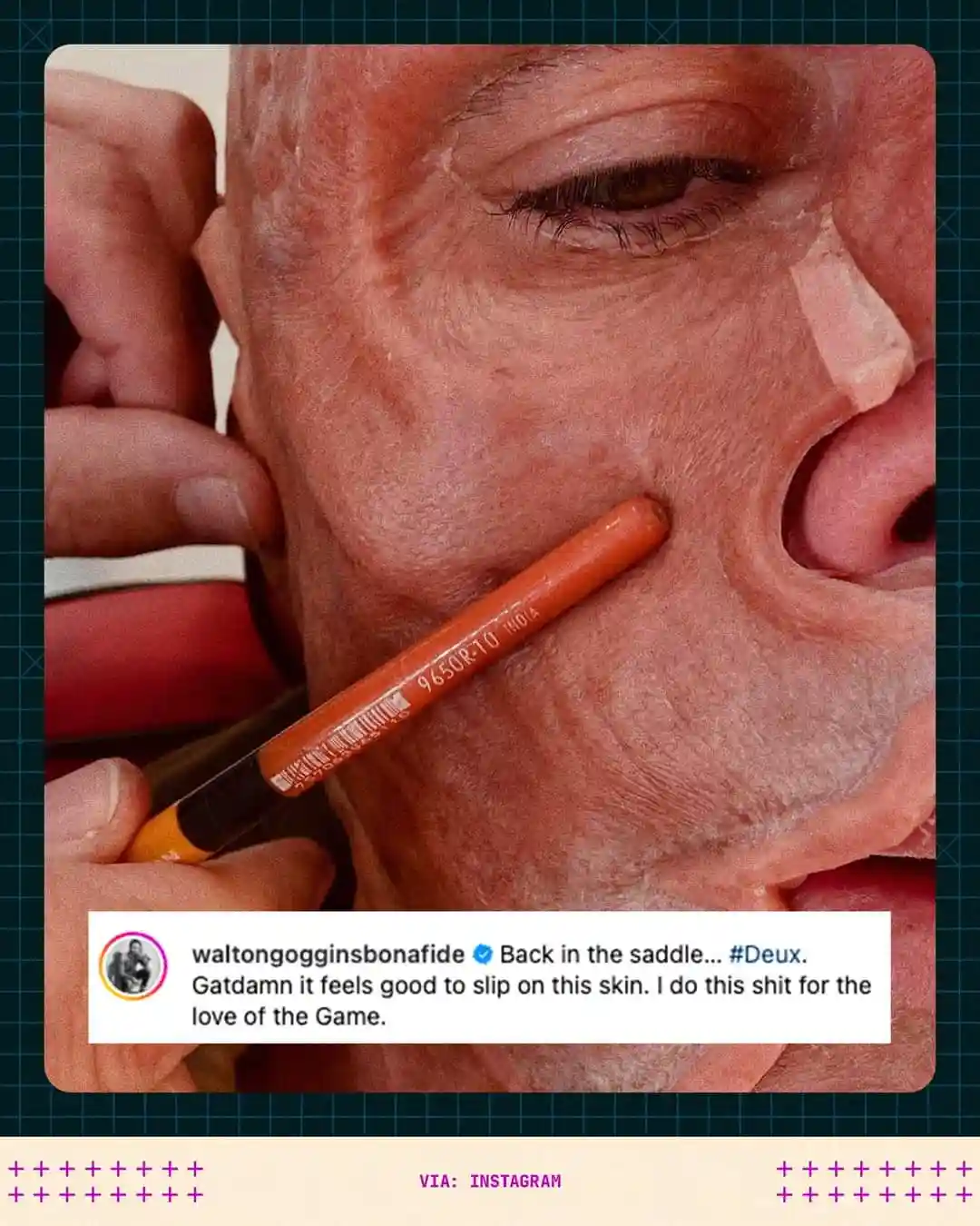 A close-up photo shows a bald man with wrinkled skin having an orange makeup pencil inserted into his mouth, held by a hand…