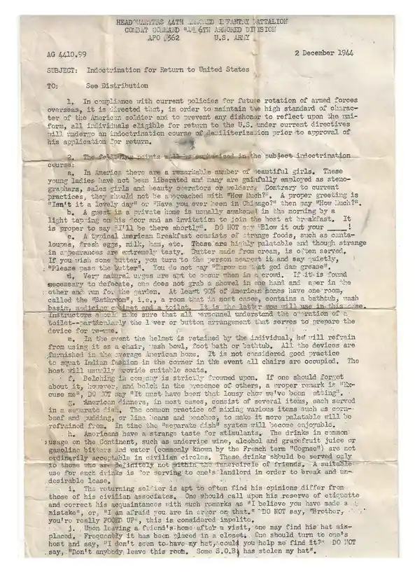 A vintage, typewritten U.S. Army document dated December 1944, titled 'Indoctrination for Return to United States,'…
