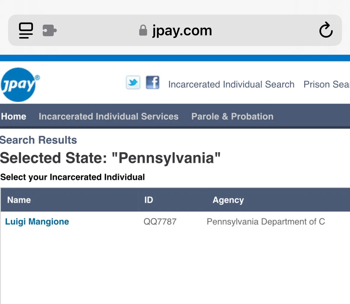 A screenshot of the jpay.com website showing search results for 'Pennsylvania' with a single result: 'Luigi Mangione', ID…