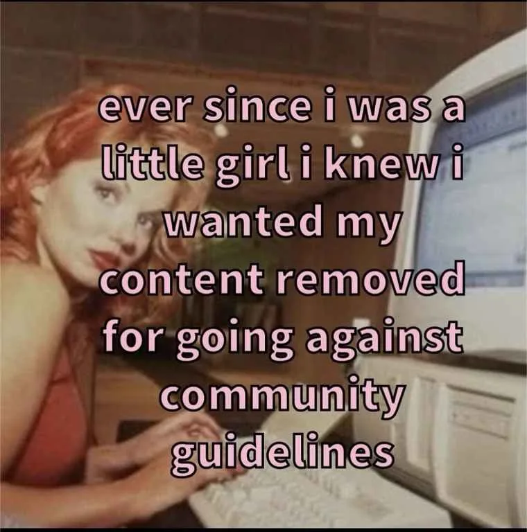 A woman with red hair sits at an old computer, looking at the camera with a knowing expression. Overlaid text reads: 'ever…