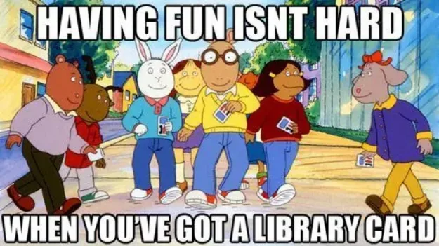 A group of cartoon children from the show 'Arthur' are walking down a sidewalk, each holding a library card. The top text…