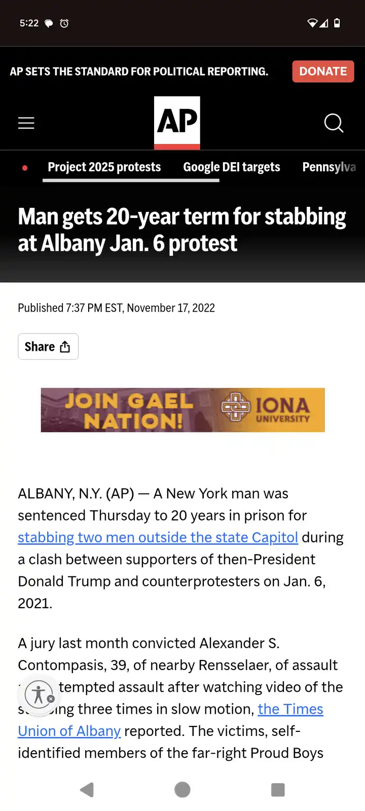 A screenshot of an Associated Press news article from November 2022, reporting that a man was sentenced to 20 years for…
