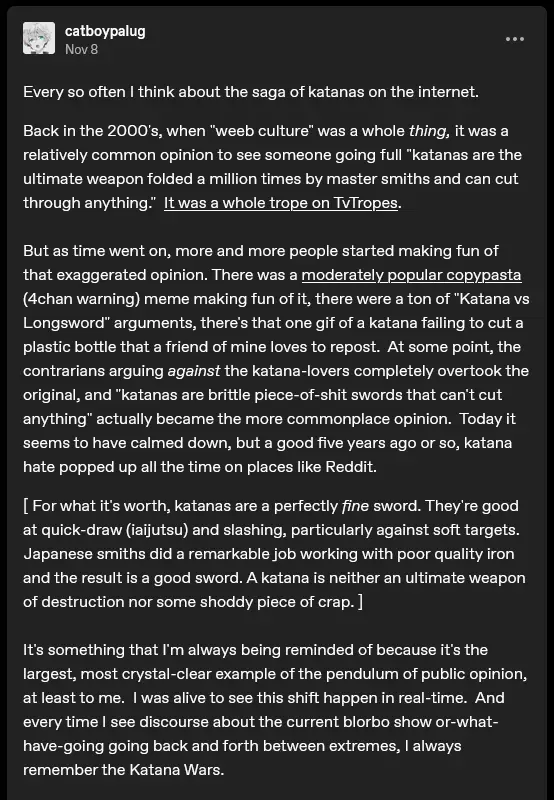 A screenshot of a Reddit post by user 'catboyplaug' dated Nov 8, discussing the cultural shift in opinions about katanas…