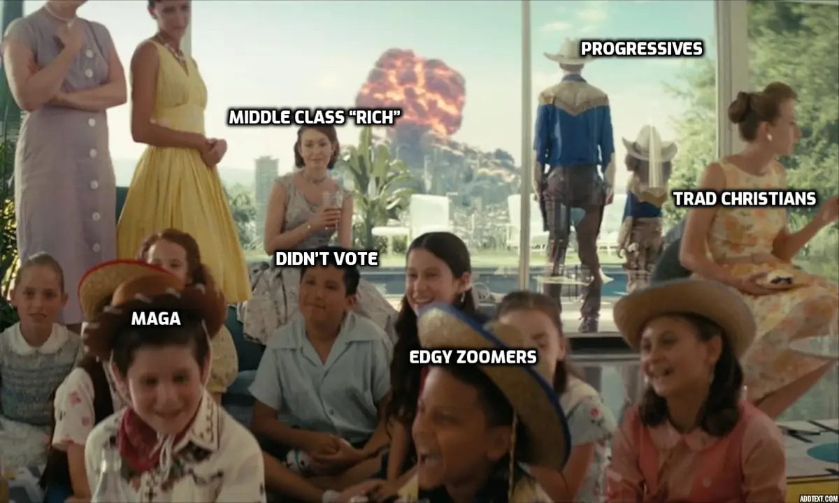 A still from a 1950s-style film showing a group of children and adults in period clothing, with a large explosion visible…