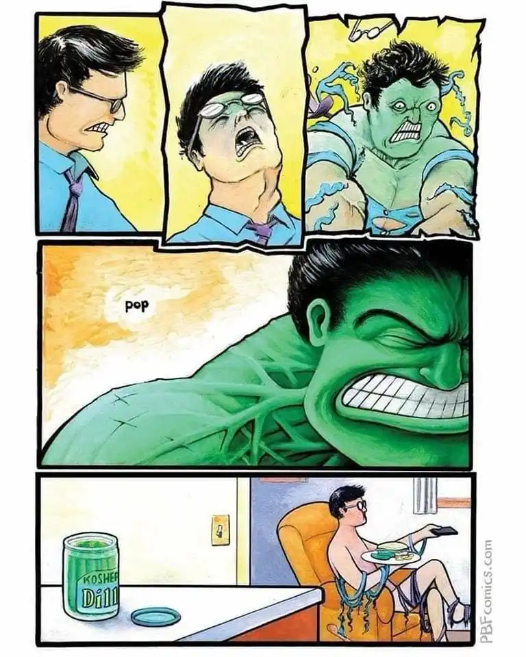 A four-panel comic strip shows a man in a blue shirt and glasses initially calm, then screaming as he transforms into the…