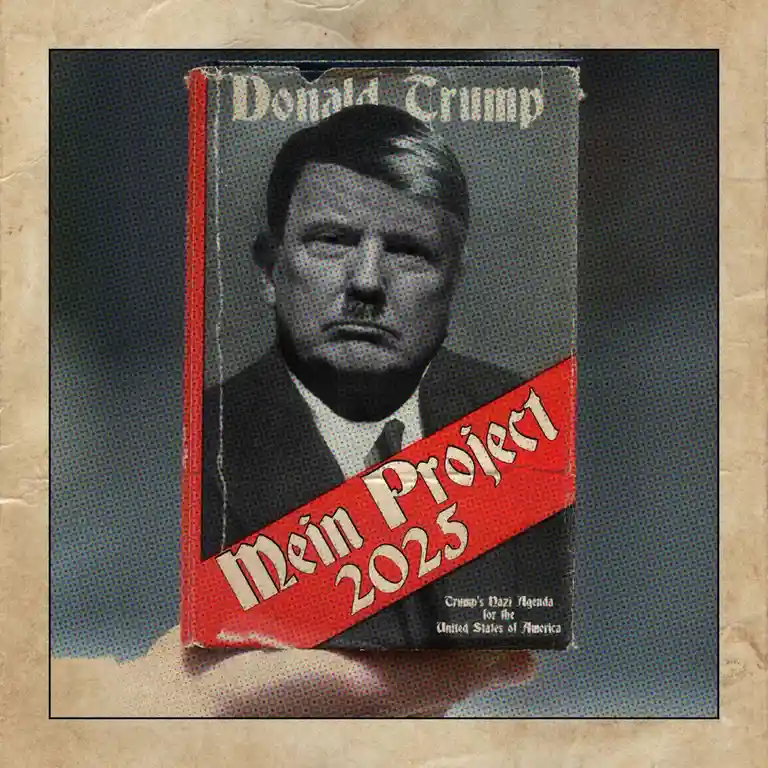 The image shows a book cover with a black-and-white photo of Donald Trump, styled to resemble a vintage propaganda book. The…