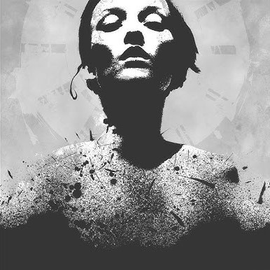 A black-and-white, gritty image shows a person with their eyes closed, head tilted back, and face and torso covered in dark…