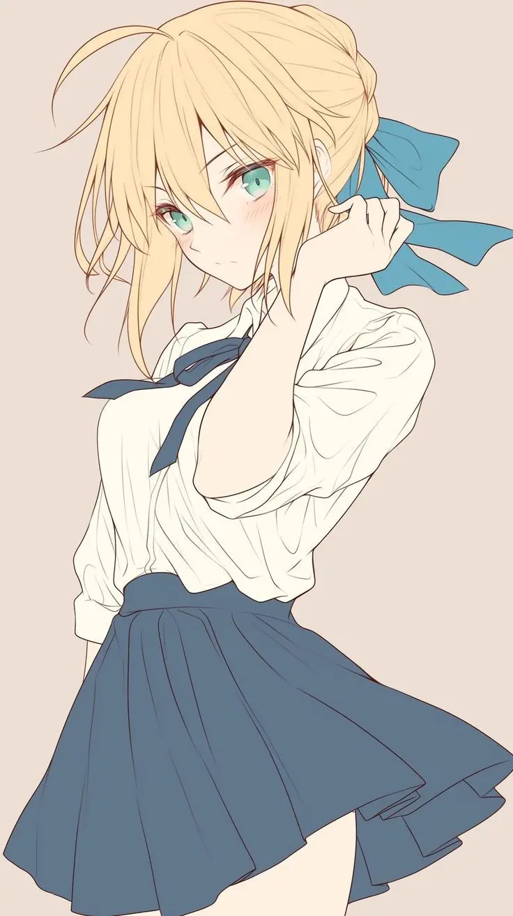 An anime-style illustration of a young woman with blonde hair tied in a ponytail with a blue bow, wearing a white blouse…