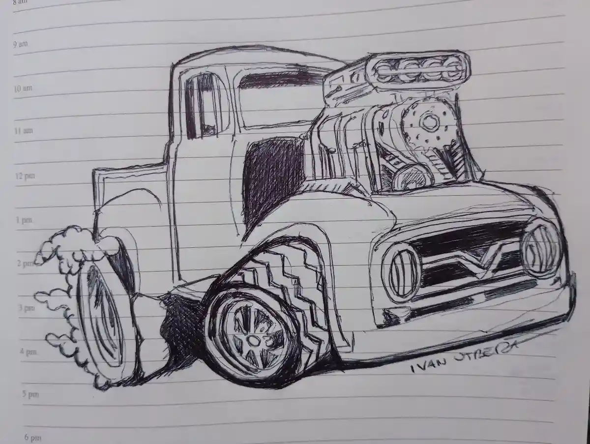 A black-and-white pencil sketch of a heavily modified hot rod truck on lined notebook paper, with a timeline on the left…