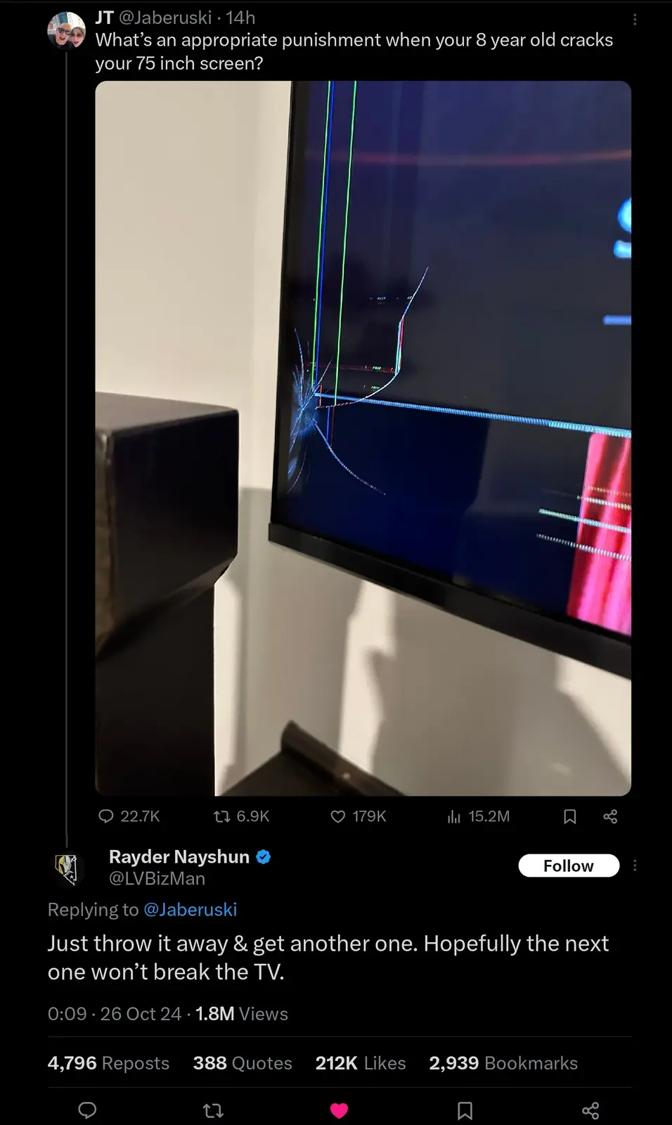 A close-up photo shows a large TV screen with a prominent crack radiating from the bottom left corner, causing colorful…