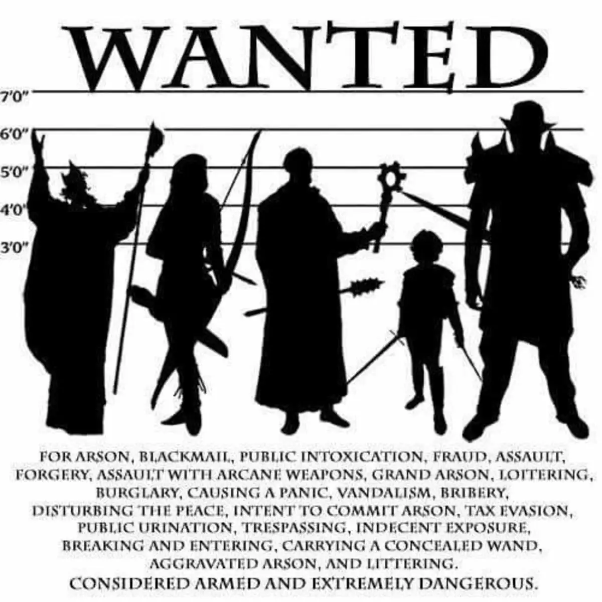 A black-and-white wanted poster features silhouettes of five fantasy characters — a wizard, archer, mage, child, and armored…