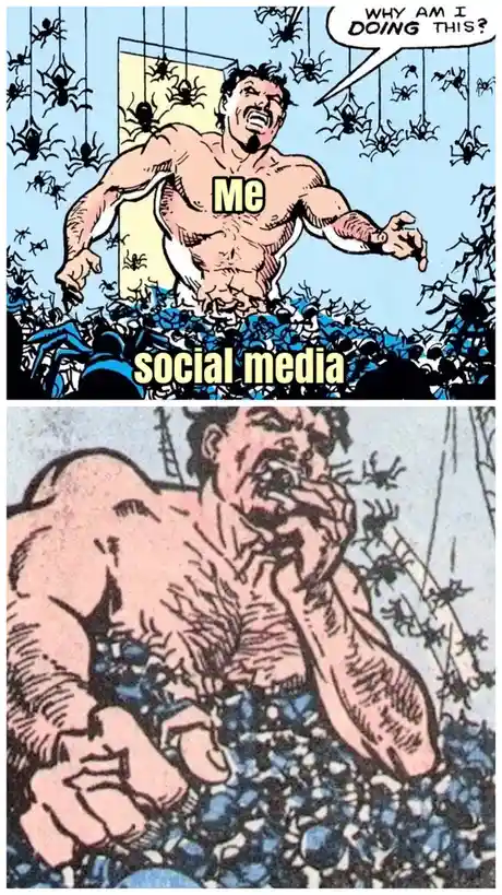 The top panel shows a muscular man labeled 'Me' screaming in horror as he's surrounded by a swarm of spiders, with a speech…