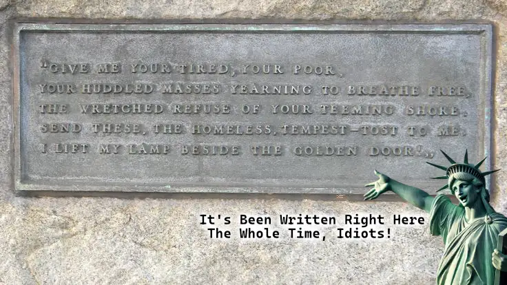 A close-up of the Statue of Liberty's base plaque, showing the full text of Emma Lazarus's poem 'The New Colossus'. The…