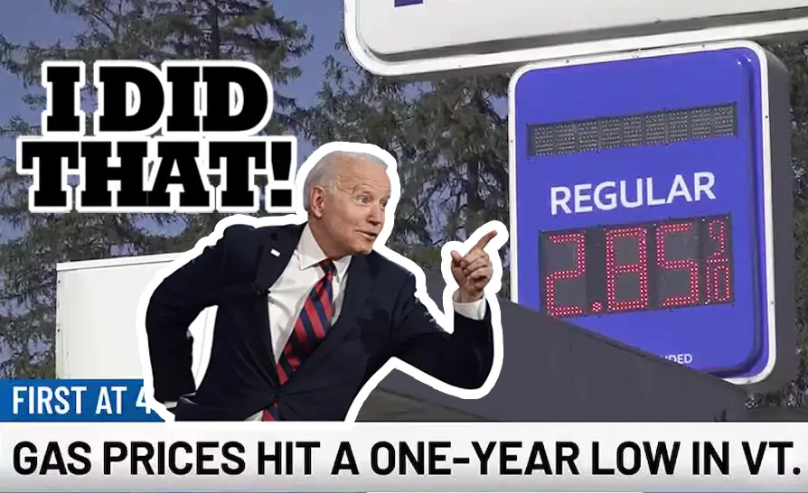 A digitally edited image shows a cutout of Joe Biden pointing triumphantly at a gas station sign displaying 'REGULAR 2.85'…