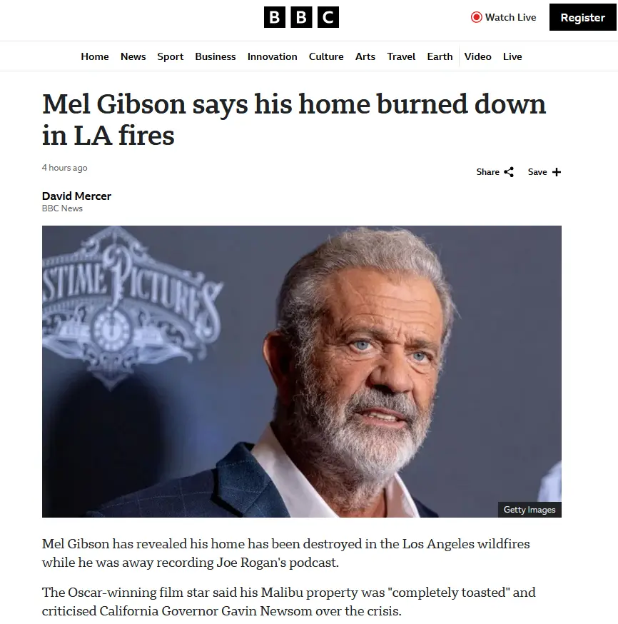 A BBC news article screenshot shows actor Mel Gibson with a serious expression, standing in front of a 'Time Pictures' logo…