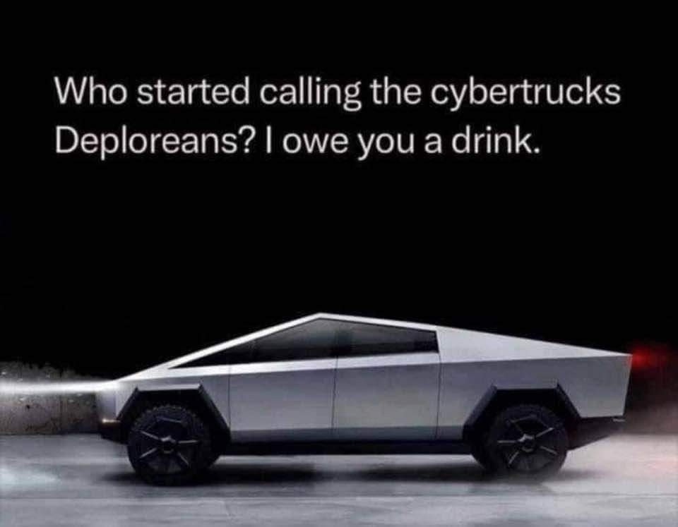 A silver Tesla Cybertruck is shown in profile against a dark background, with its front bumper glowing and smoke visible…