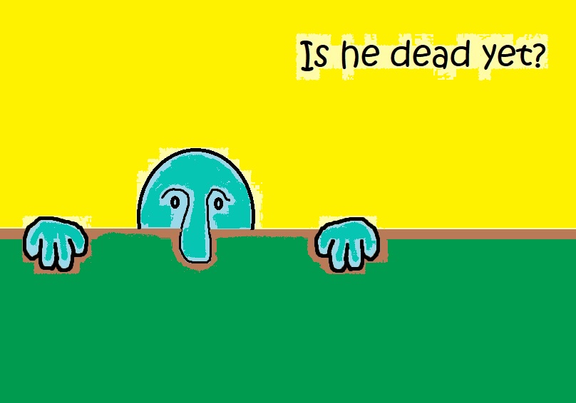 A cartoonish blue character with a long nose and wide eyes peeks over a brown line separating a green lower half from a…