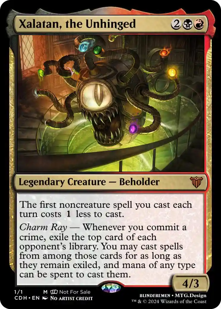 This is a Magic: The Gathering trading card for 'Xalatan, the Unhinged,' a legendary creature-beholder. The card features an…