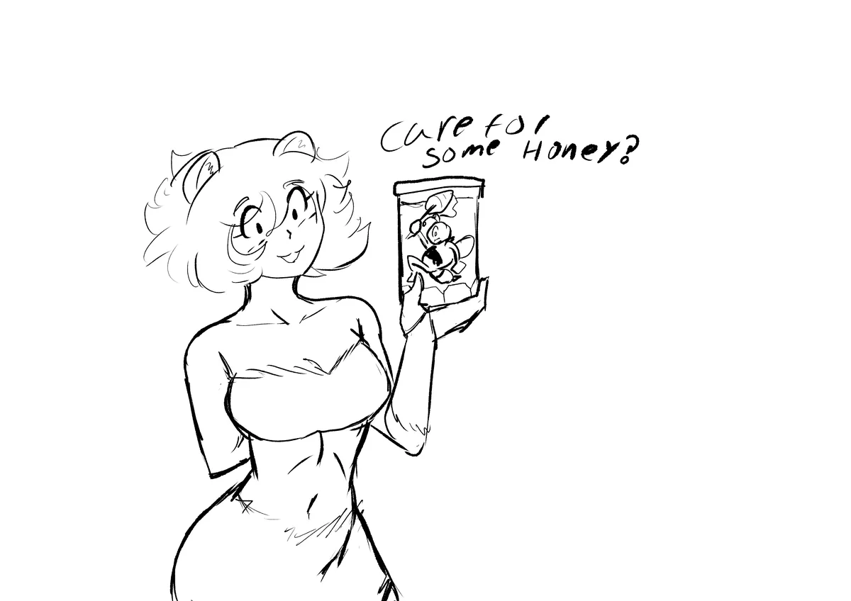 A black-and-white line drawing shows a smiling anime-style girl with cat ears holding up a jar of honey. The jar contains…