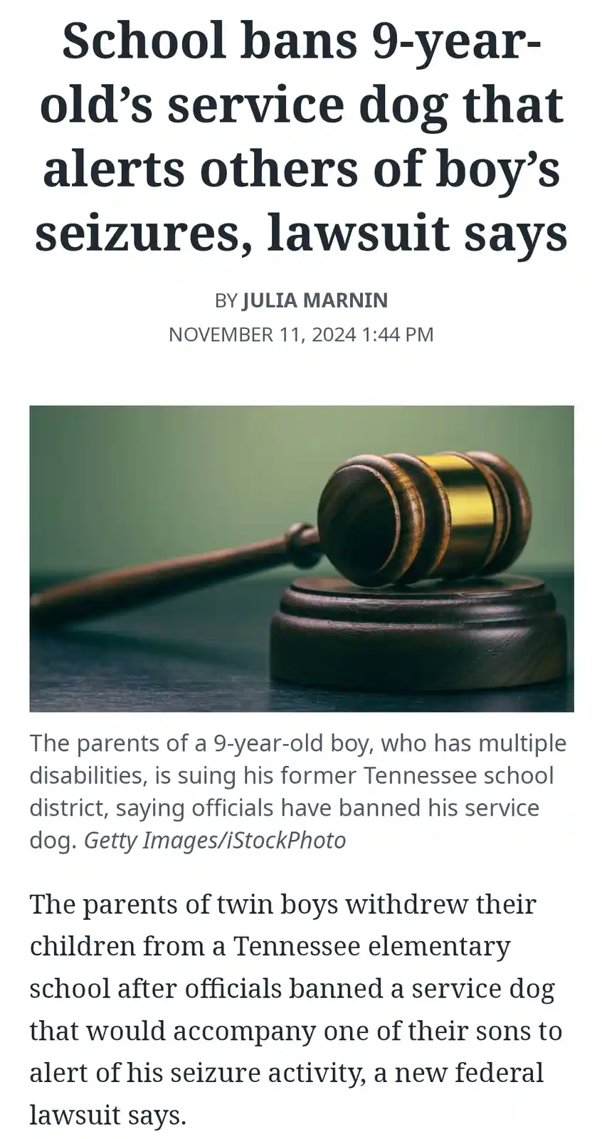 A news article screenshot shows a wooden gavel resting on its stand, symbolizing legal action. The headline reads 'School…