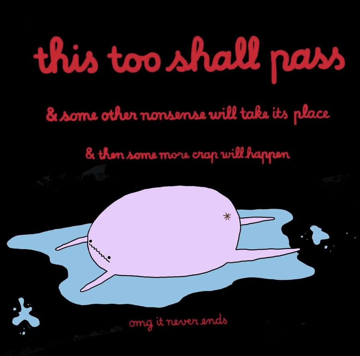 A cartoonish purple narwhal floats in a small puddle of blue water against a black background. Red cursive text overlays the…
