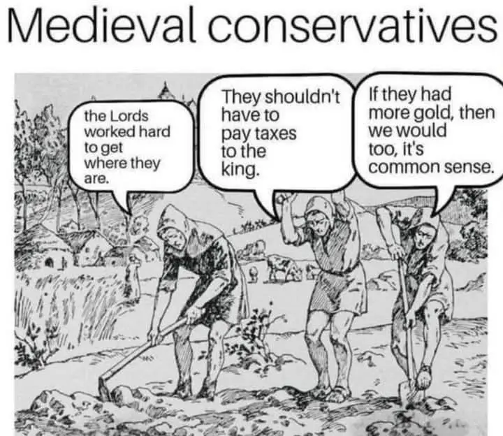A black-and-white cartoon depicts three medieval peasants digging in a field, each with a speech bubble. The first says 'the…