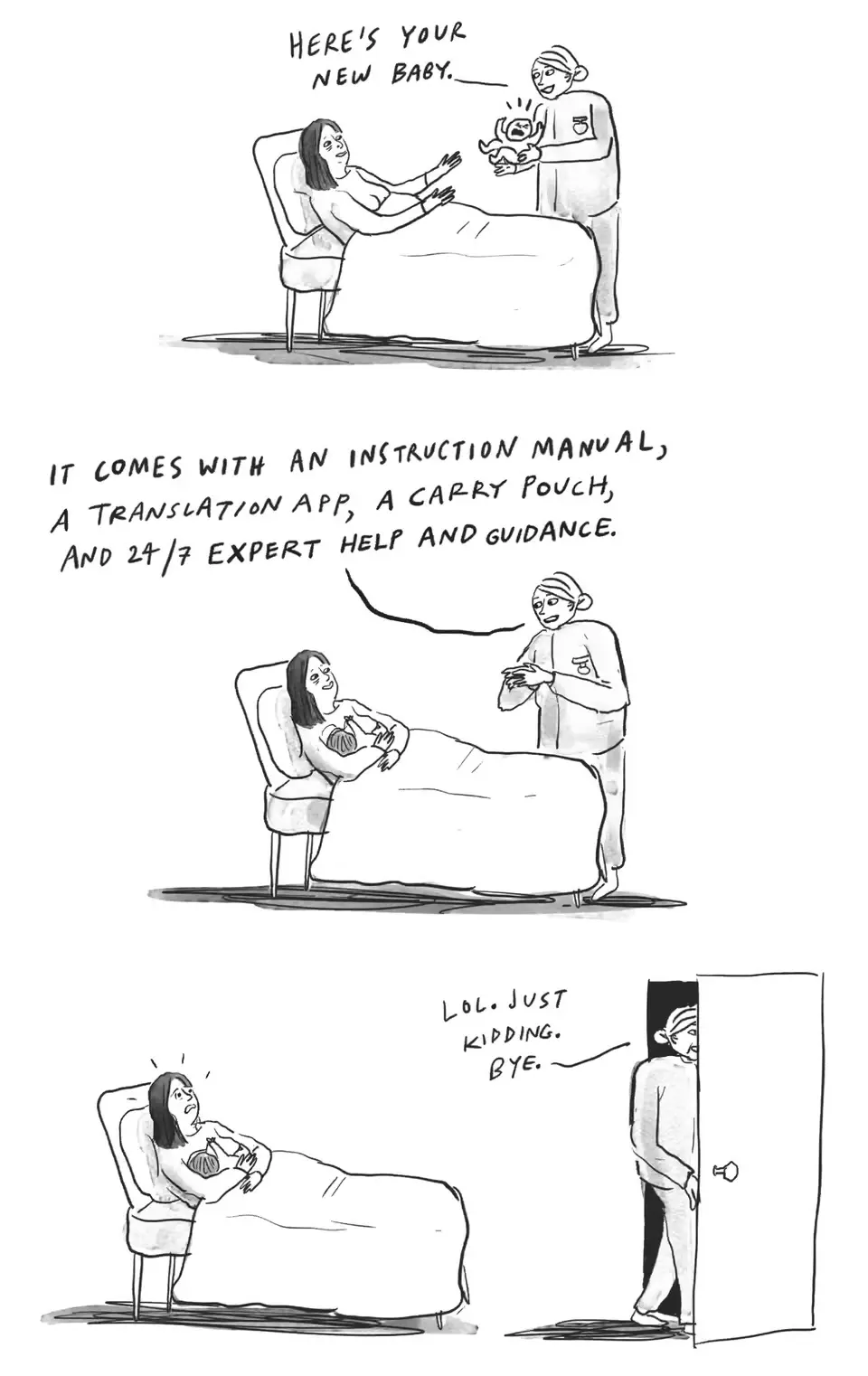A three-panel comic shows a nurse presenting a newborn baby to a new mother in a hospital bed. The nurse then lists…
