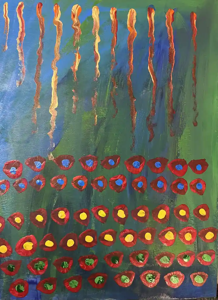 An abstract painting shows vertical orange-red streaks against a blue-green background, with rows of red circular shapes…