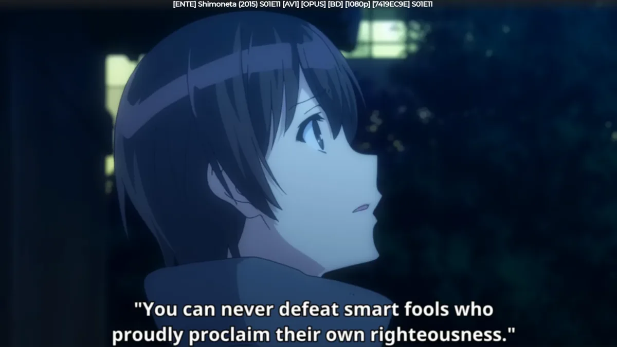 An anime girl with short dark hair and blue eyes is shown in profile, looking upward with a calm expression against a dark…