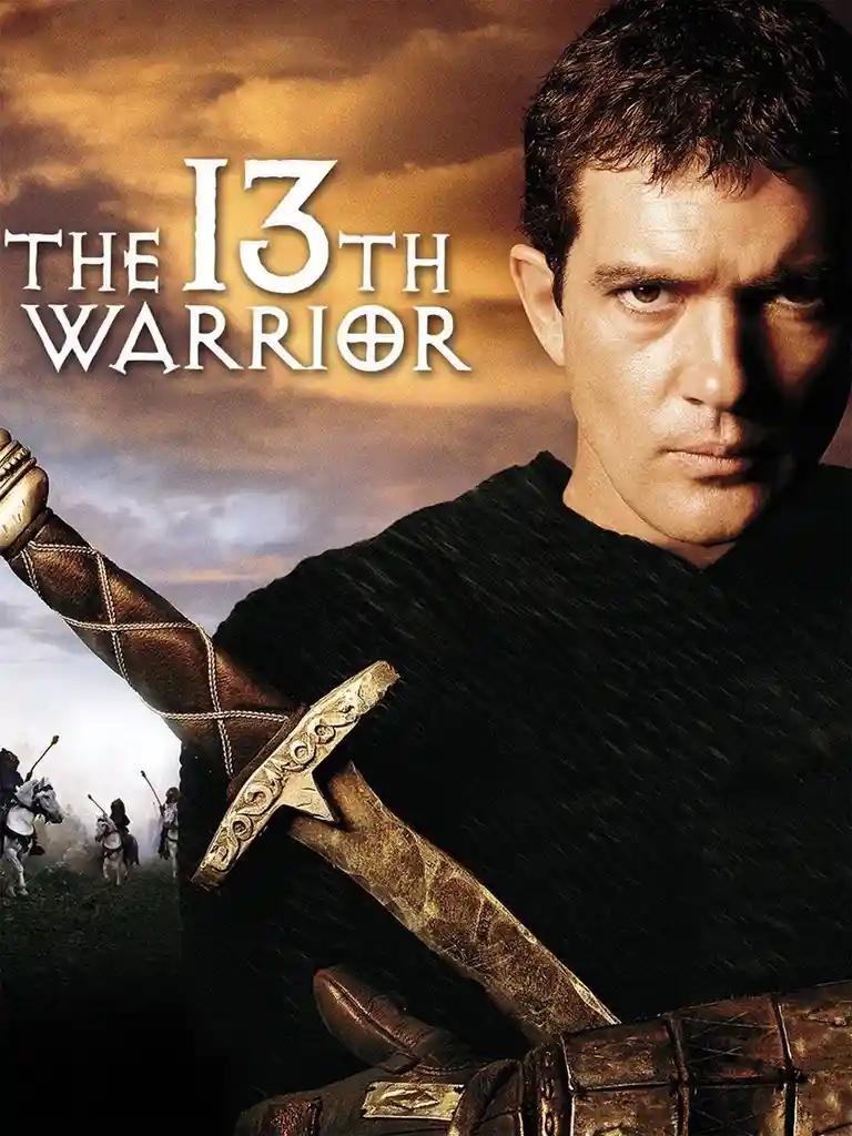A movie poster for 'The 13th Warrior' shows a man in dark medieval clothing holding a sword with an ornate hilt, looking…
