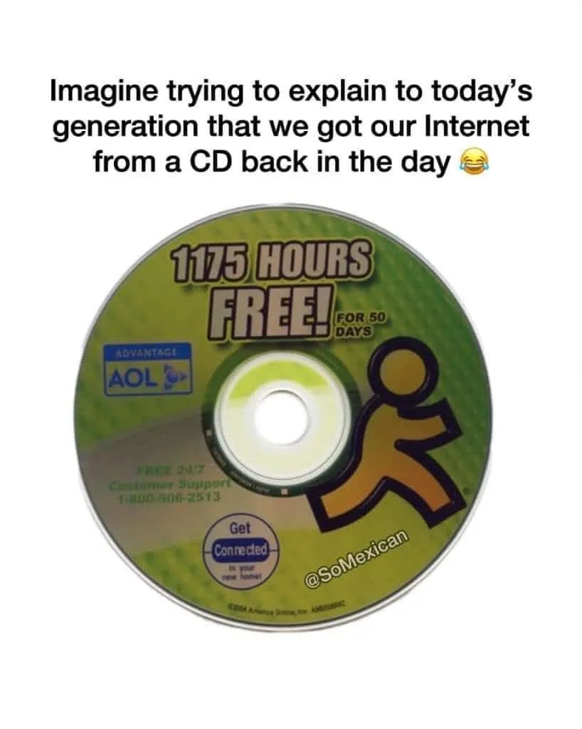 A green AOL Advantage Internet CD from 2004, featuring the text '1175 HOURS FREE! FOR 50 DAYS', a running stick figure, and…