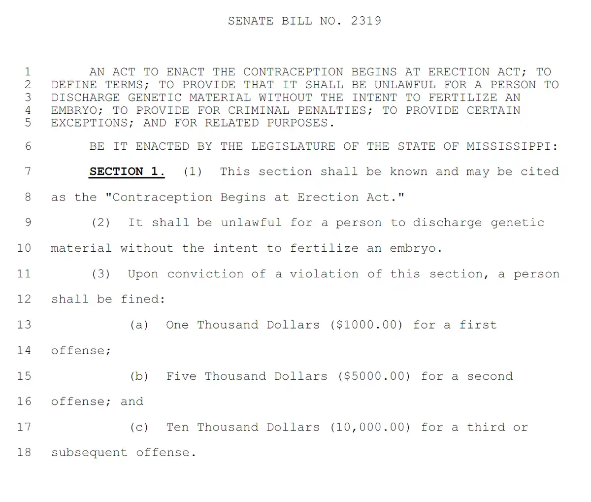 The image displays a screenshot of Senate Bill No. 2319 from the State of Mississippi, titled 'The Contraception Begins at…