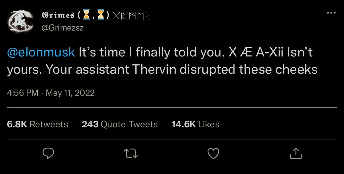 A screenshot of a tweet from musician Grimes (@Grimezs) posted on May 11, 2022, directed at Elon Musk. The tweet humorously…