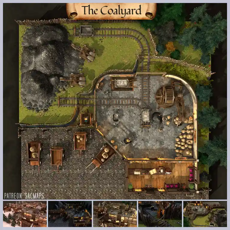 An overhead view of a fantasy-style coal yard with train tracks, coal piles, carts, and a building labeled 'The Coalyard'…