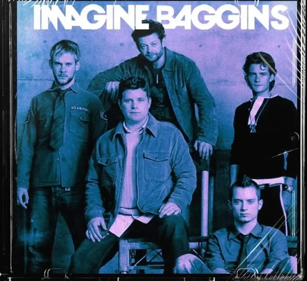 A photo of five men posed like a band album cover, overlaid with the text 'IMAGINE BAGGINS'. The image has a blue tint and a…