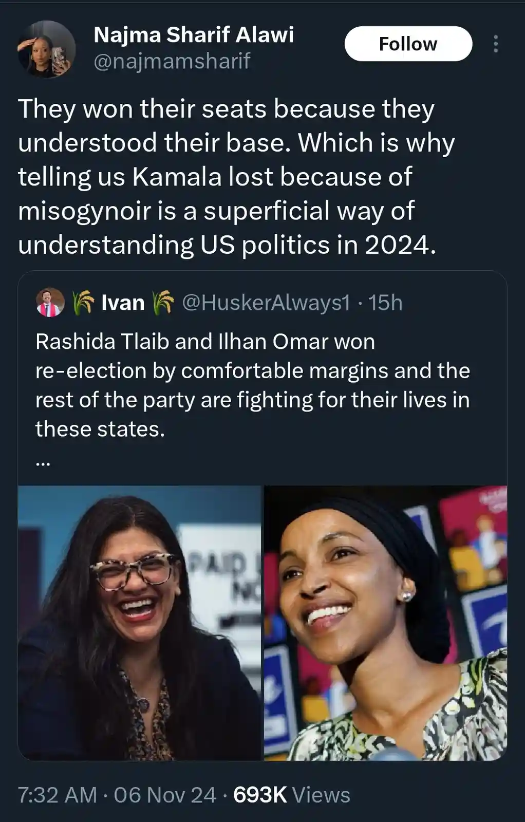The image displays a screenshot of a Twitter thread. The top tweet by Najma Sharif Alawi criticizes the notion that Kamala…