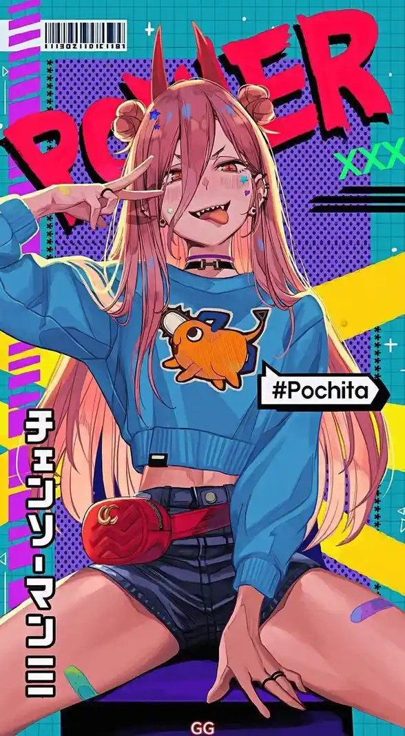 An anime-style illustration of a pink-haired girl with devil horns, wearing a blue cropped sweater with a cartoon fish…