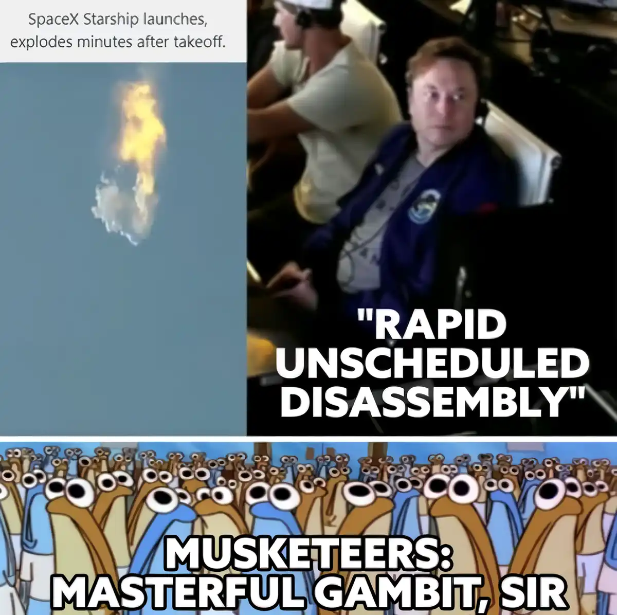 The image is split into three sections: top left shows a SpaceX Starship exploding in the sky; top right shows Elon Musk…