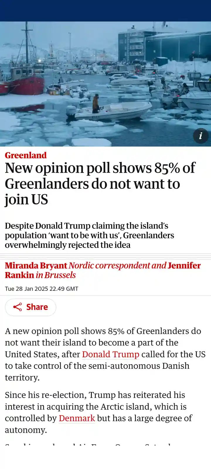 A screenshot of a news article with a photo of a snowy harbor in Greenland, featuring boats and ice floes. The headline…