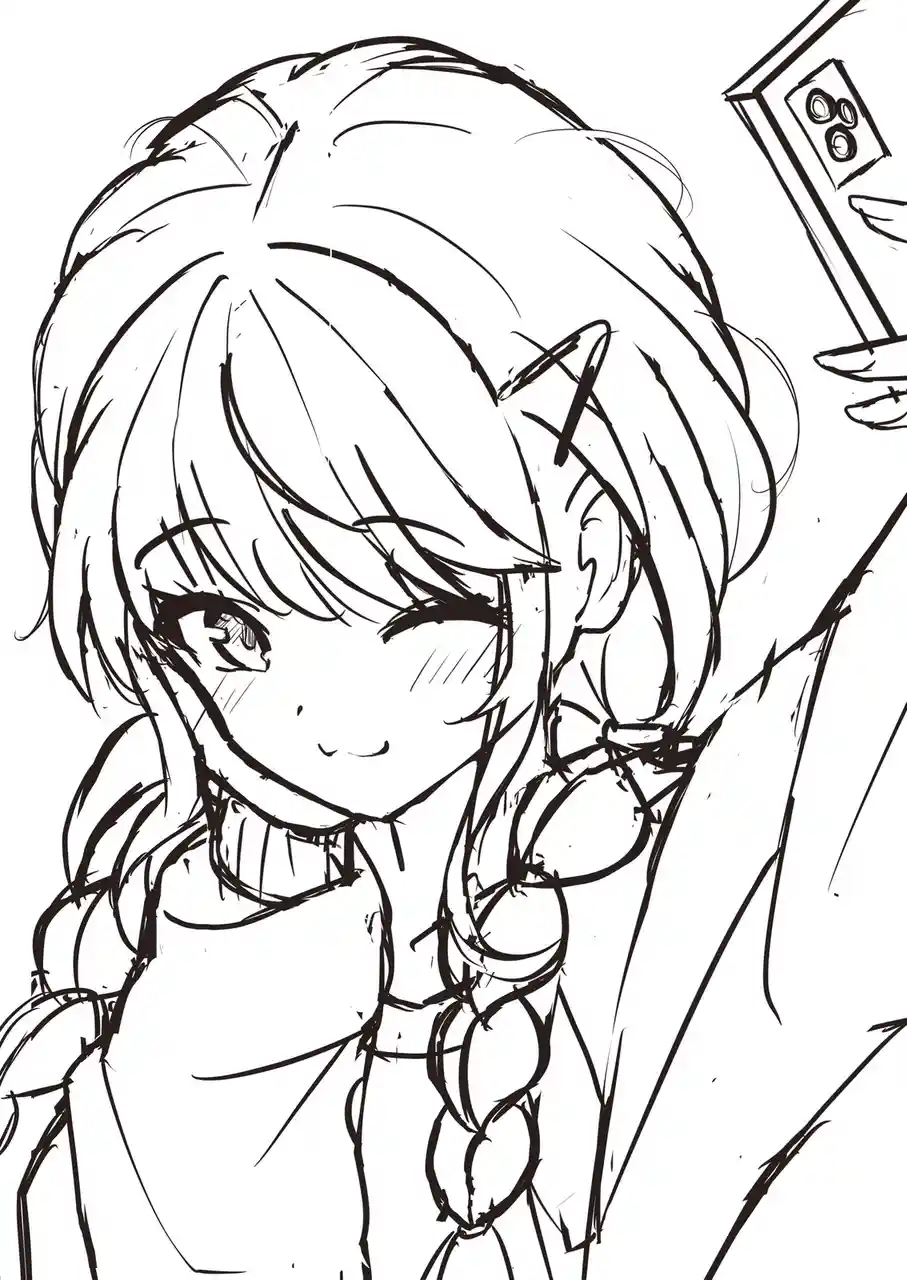 A black-and-white anime-style line drawing shows a young girl with braided hair smiling while holding up a smartphone with a…